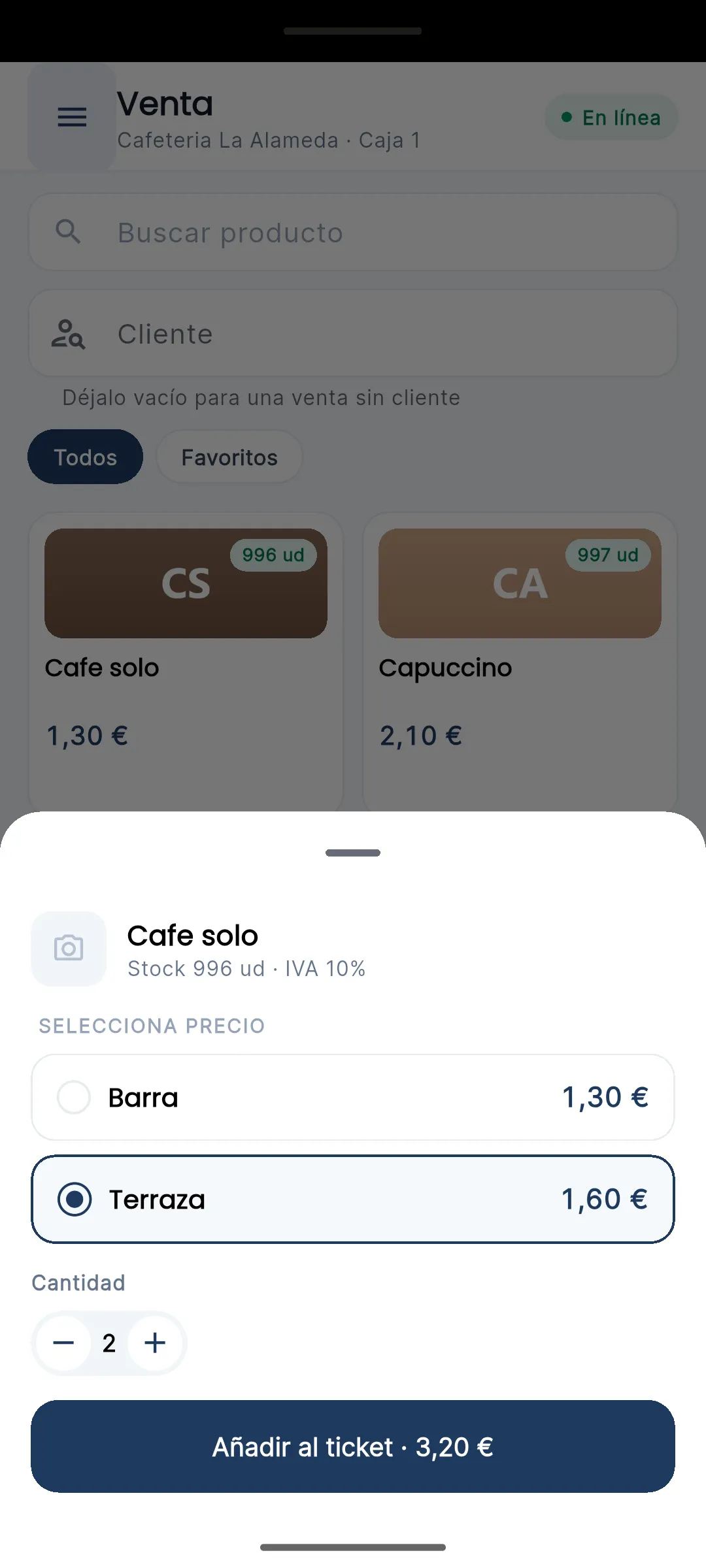 Selector de precio mostrando las tarifas disponibles para un producto