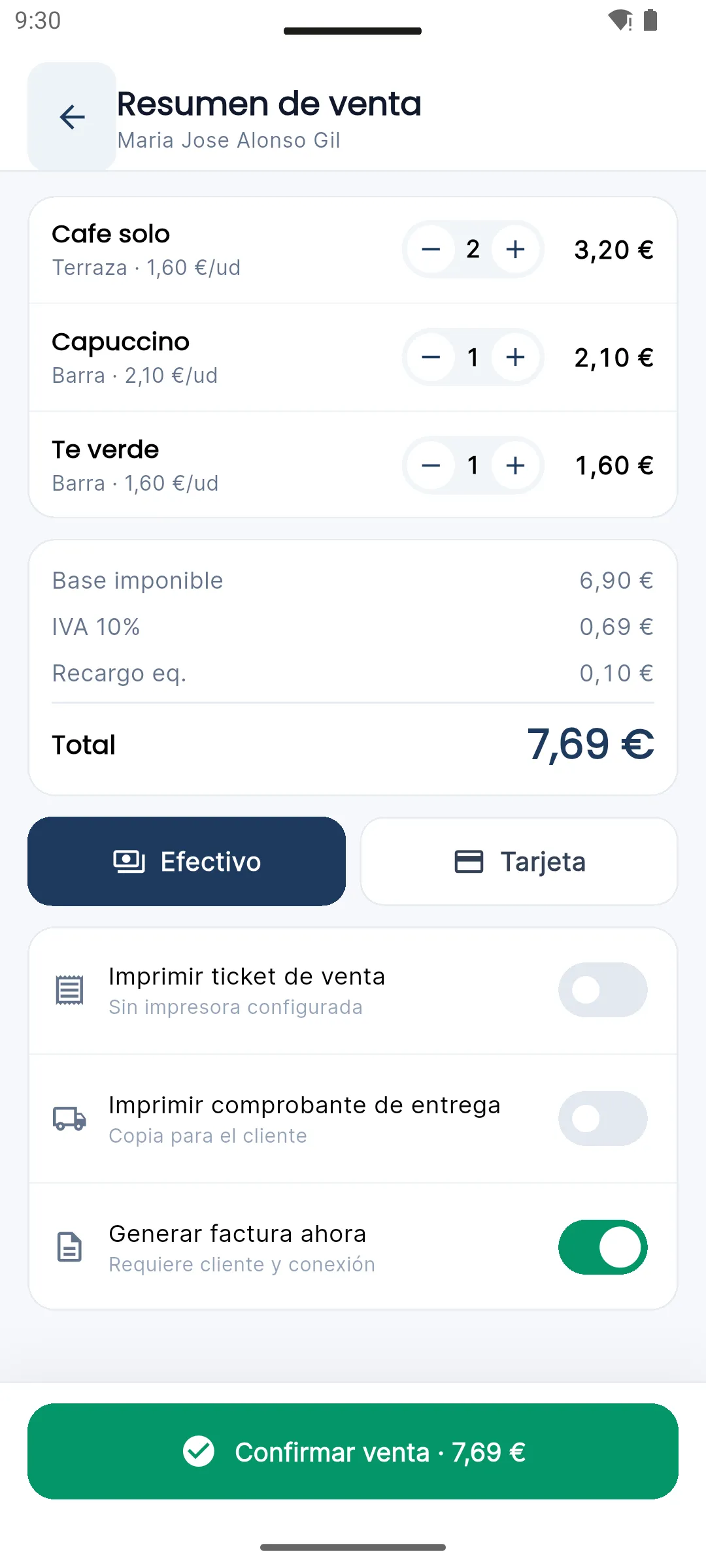 Resumen de la venta con las líneas, impuestos y total antes de cobrar