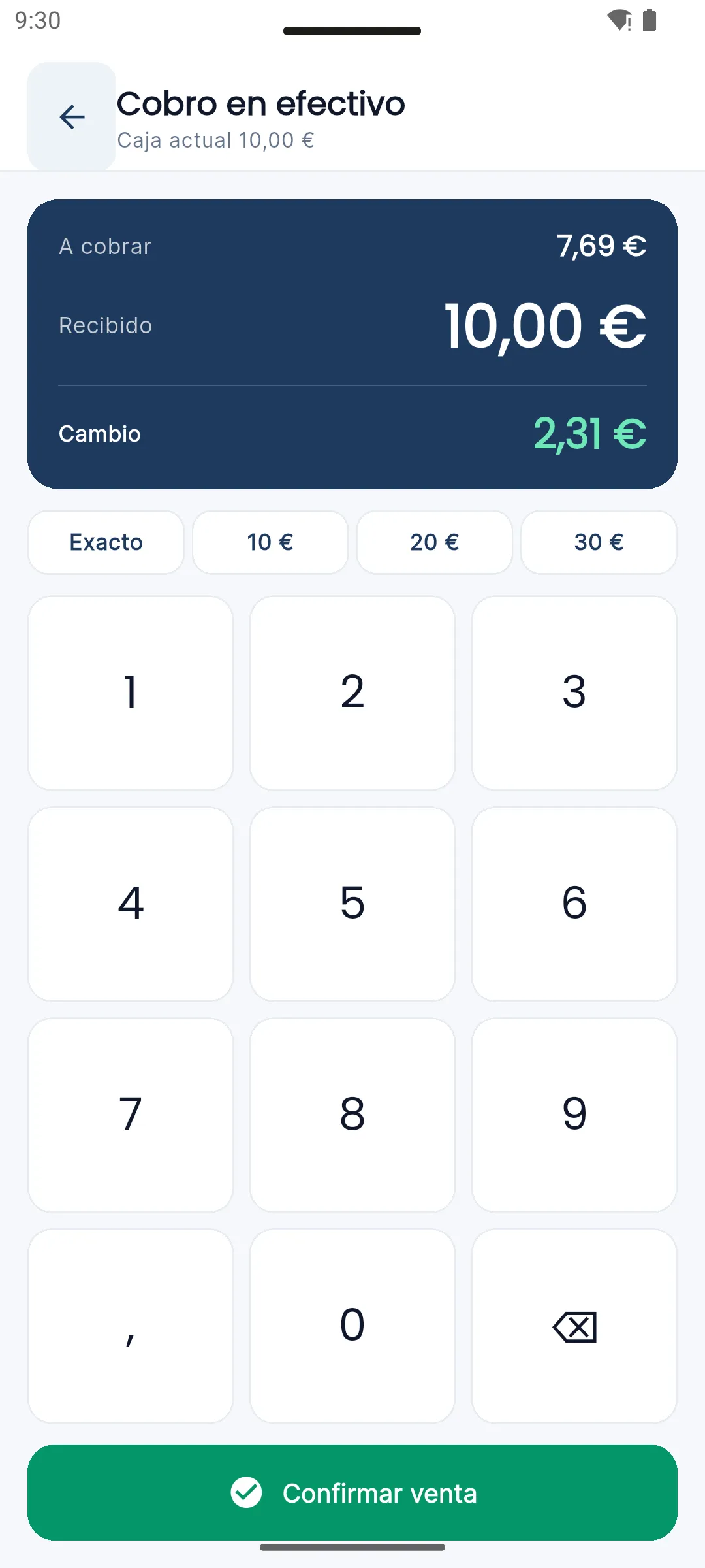 Pantalla de cobro en efectivo calculando el cambio a devolver