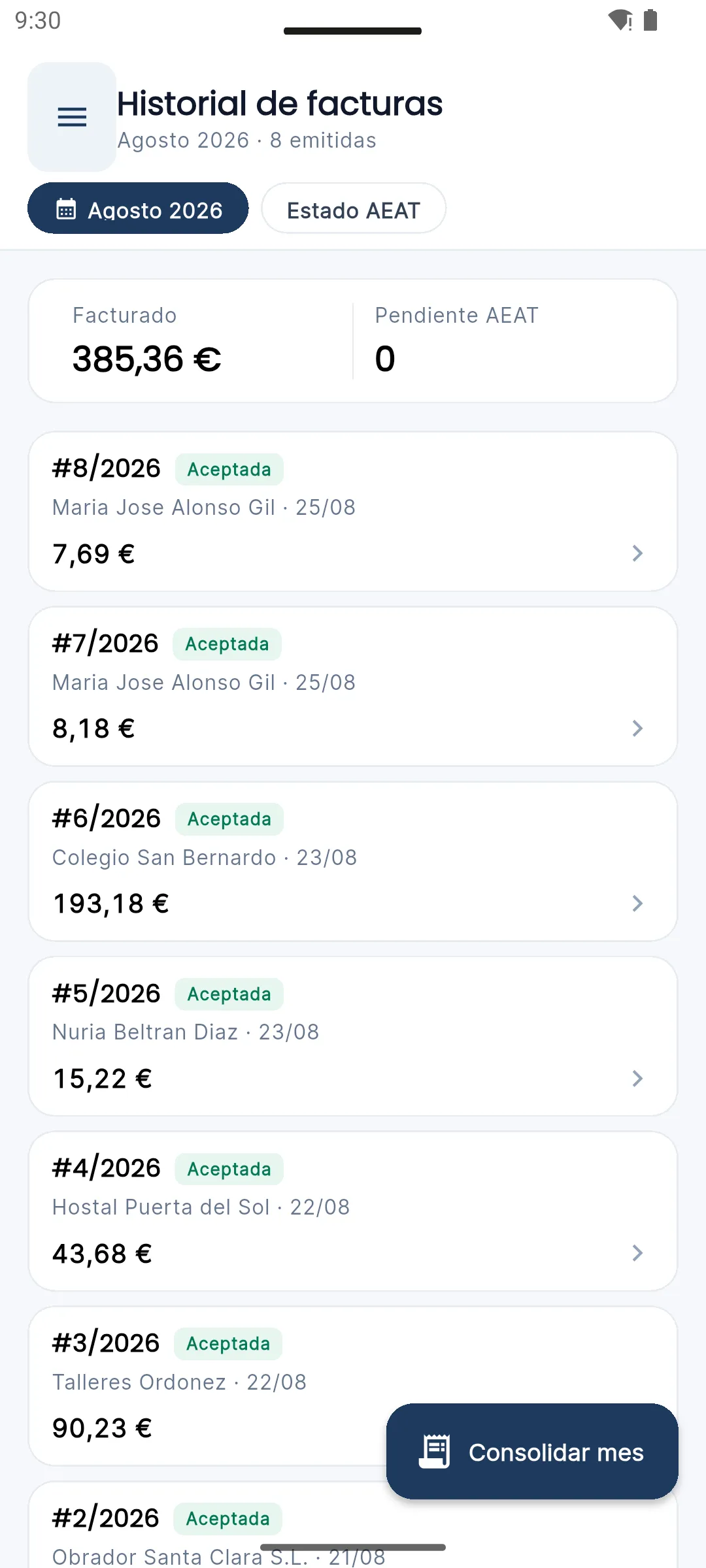 Listado de facturas emitidas con número, fecha e importe