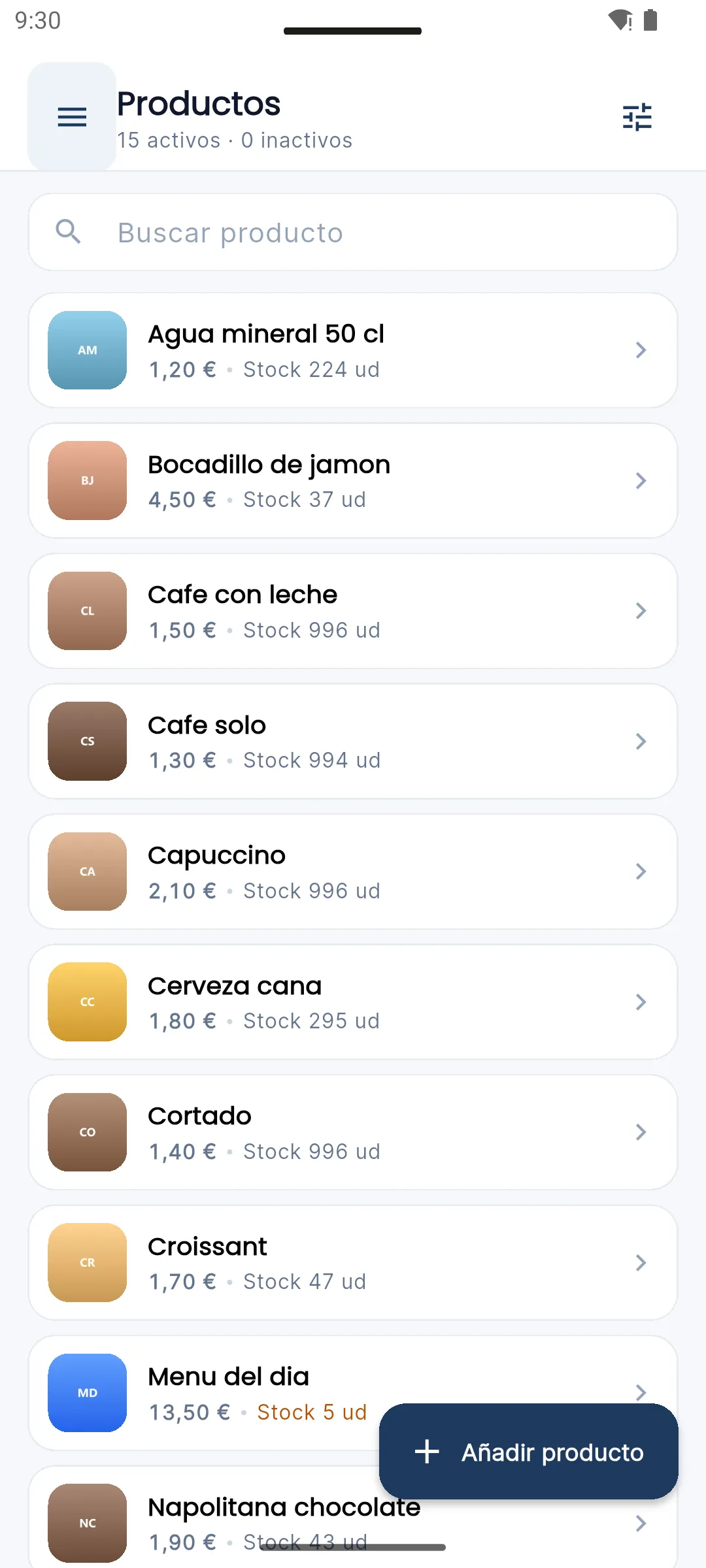 Catálogo de productos con precio e imagen de cada artículo