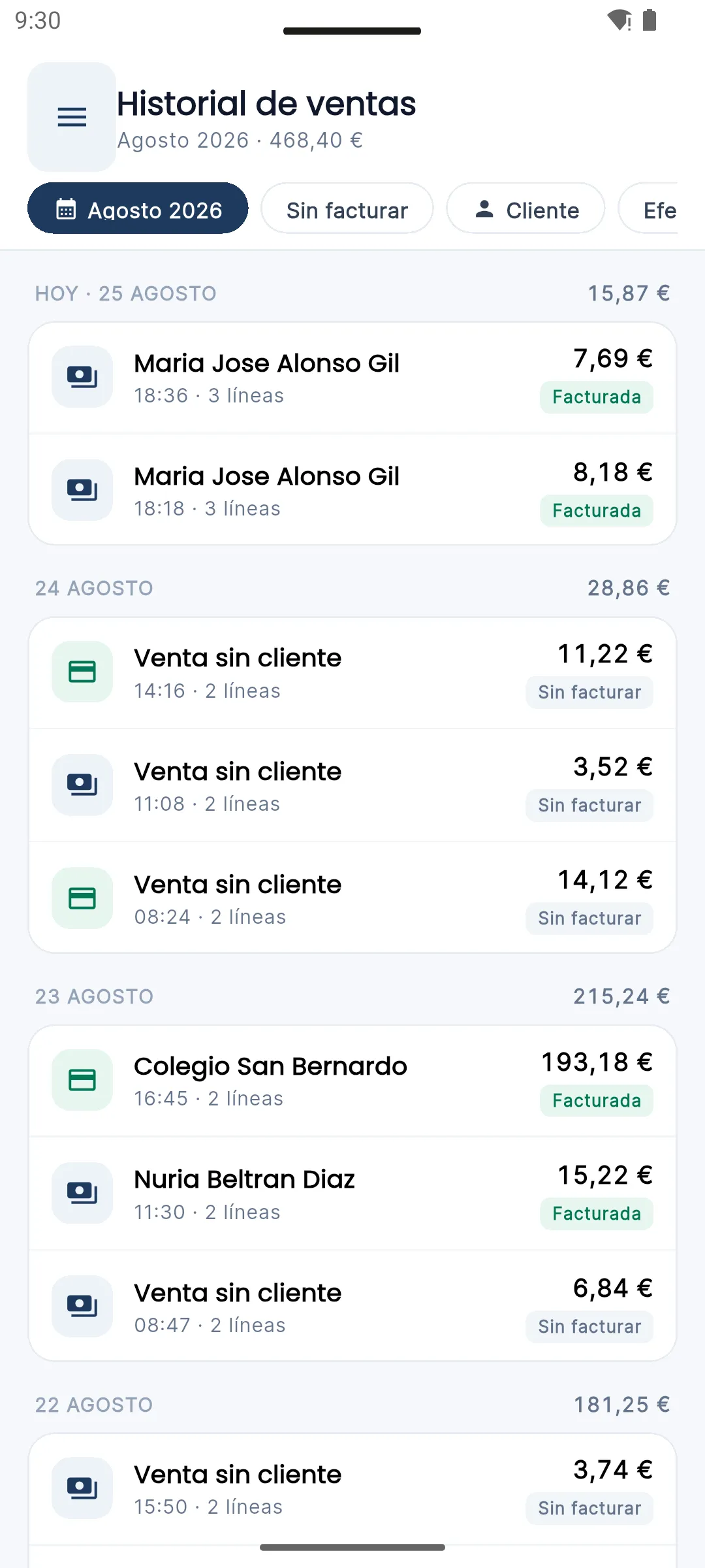 Historial de ventas del día con totales por método de pago